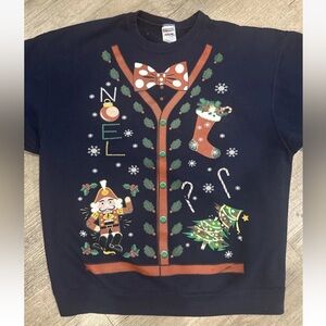 REALLY UGLY Vintage Christmas Sweatshirt Mens Size XL Navy Blue Knit Bow Tie